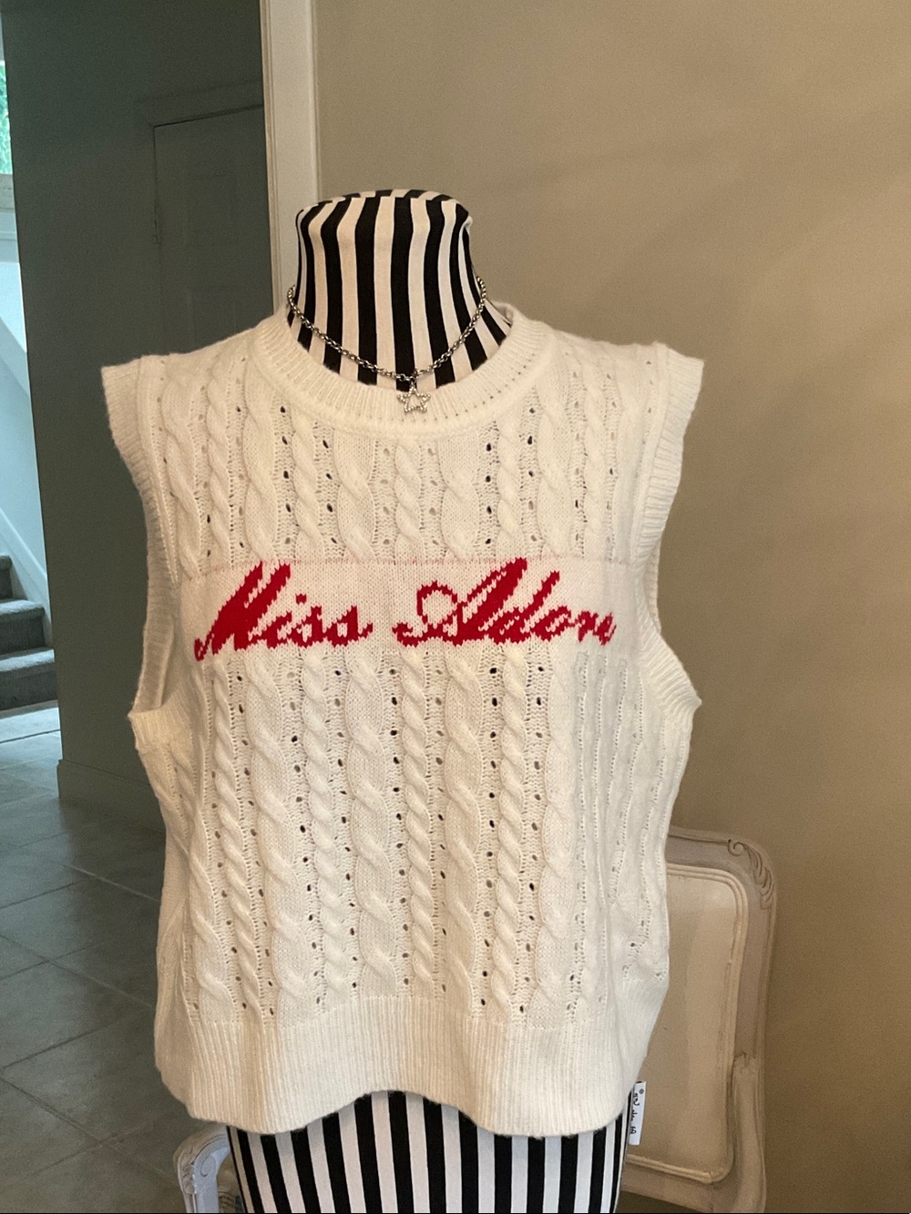 SHEIN White Cable-Knit V-Neck Sleeveless Sweater with Red Script, Miss Adore